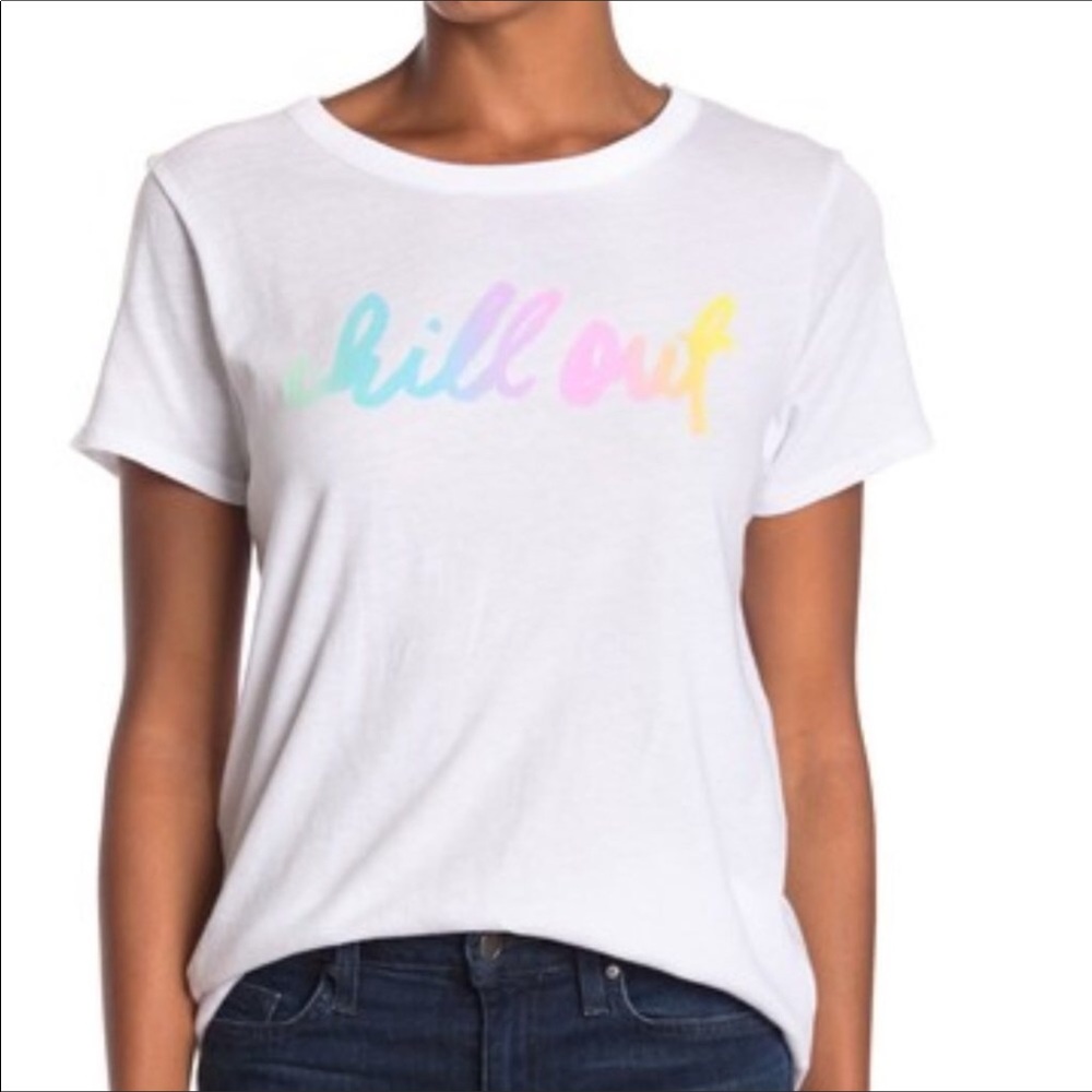 CHASER sz Small “Chill Out” Oversized T Shirt White w Pastel Rainbow Colors NWT